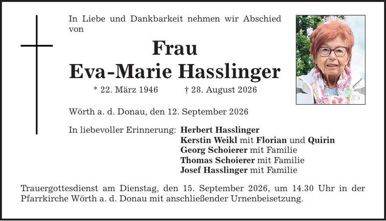 Traueranzeige Eva- Marie Hasslinger