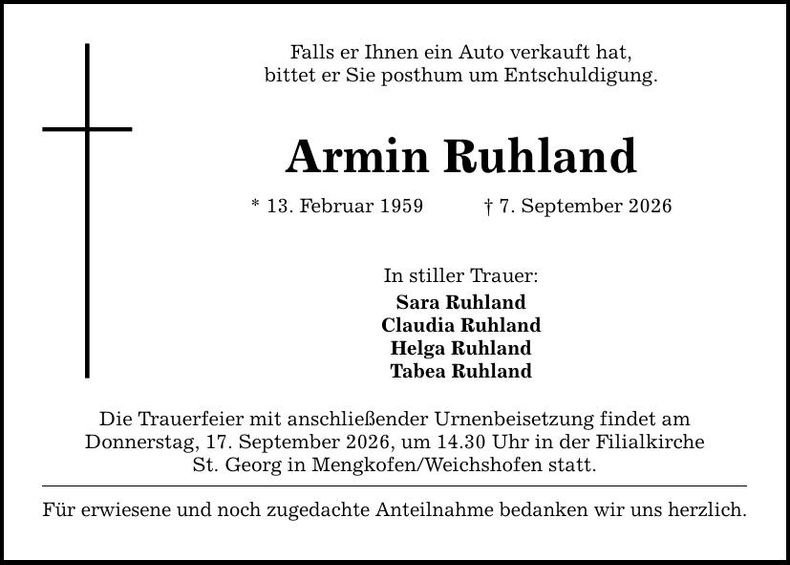 Traueranzeige Armin Ruhland