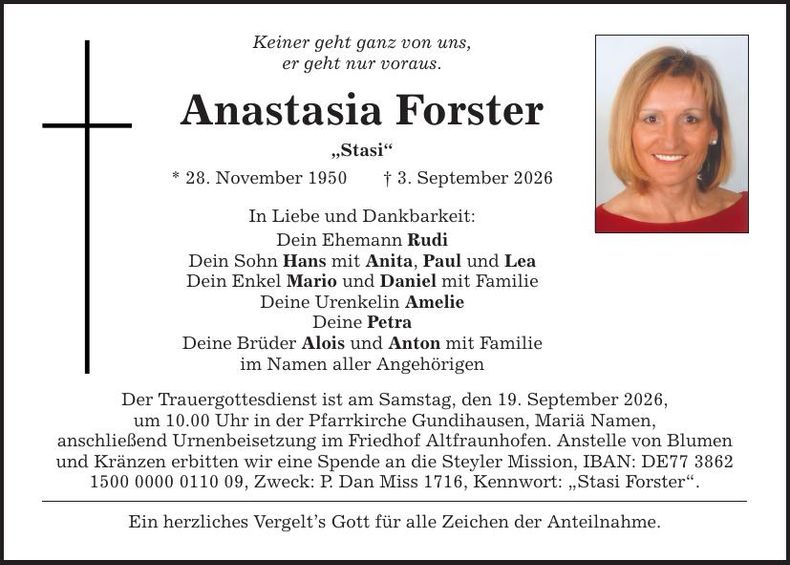 Traueranzeige Anastasia Forster