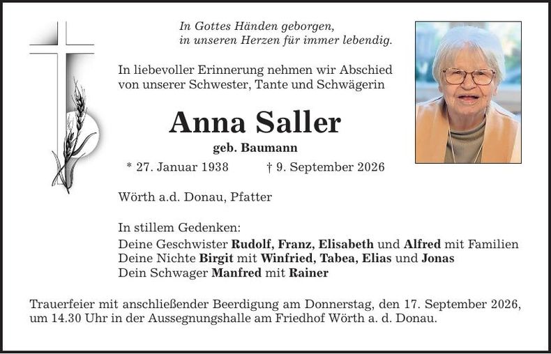 Traueranzeige Anna Saller