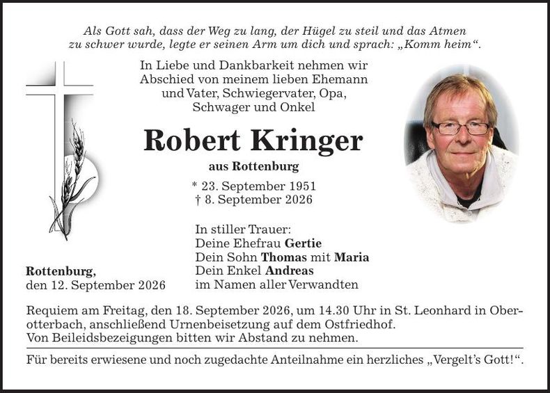 Traueranzeige Robert Kringer