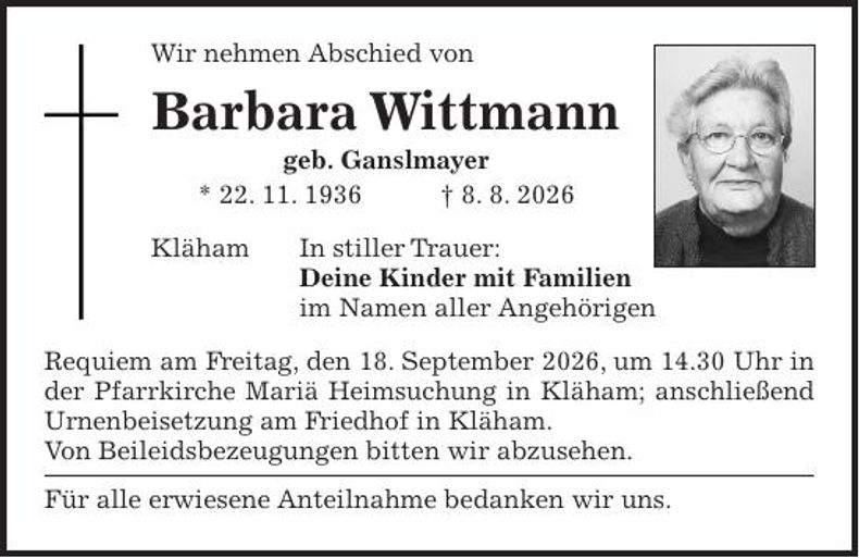 Traueranzeige Barbara Wittmann