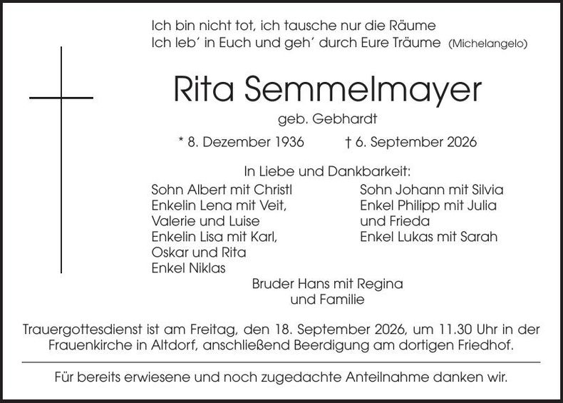 Traueranzeige Rita Semmelmayer
