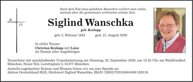 Traueranzeige Siglind Wanschka