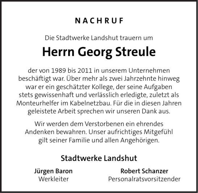 Traueranzeige Georg Streule