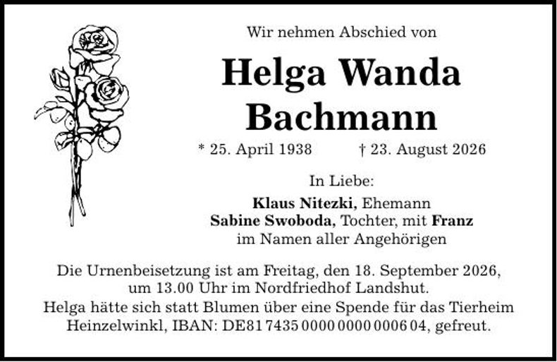 Traueranzeige Helga Wanda Bachmann