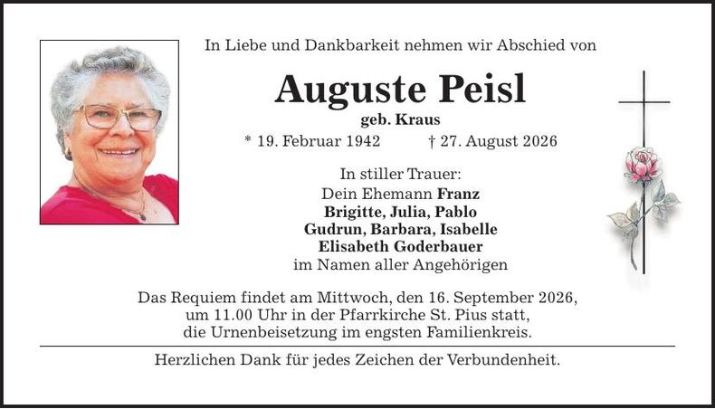 Traueranzeige Auguste Peisl
