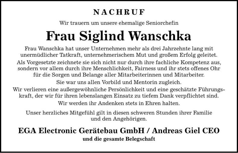 Traueranzeige Siglind Wanschka