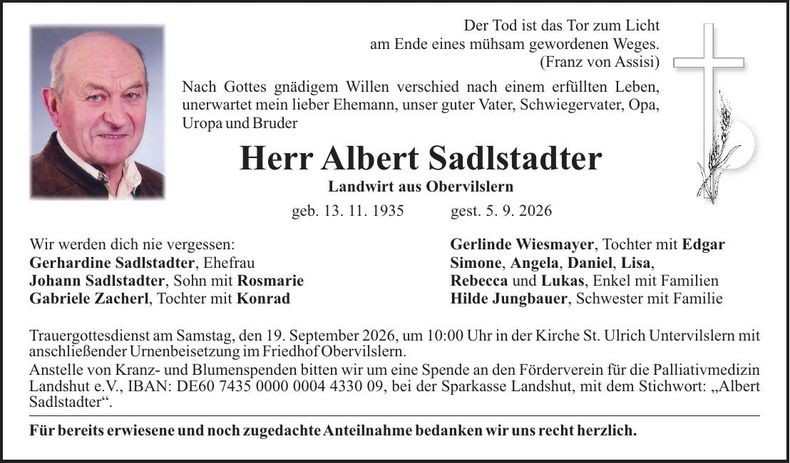 Traueranzeige Albert Sadlstadter