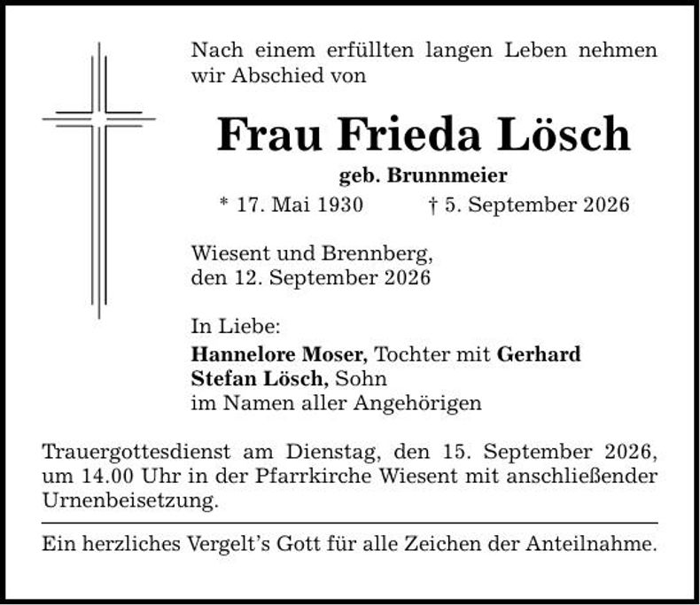 Traueranzeige Frieda Lösch