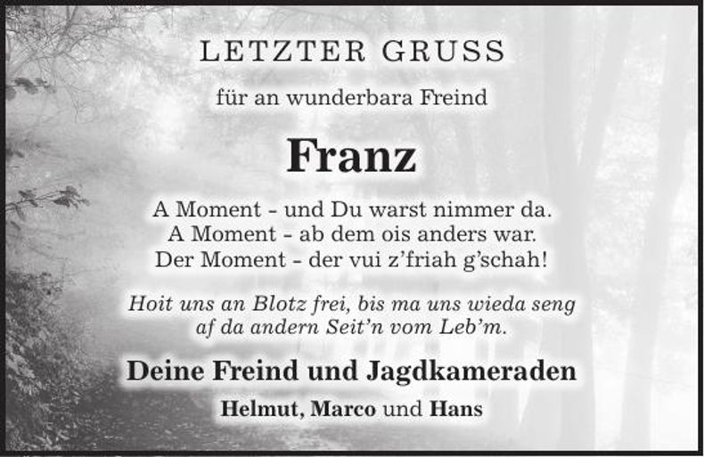 Traueranzeige Franz Pfeffer