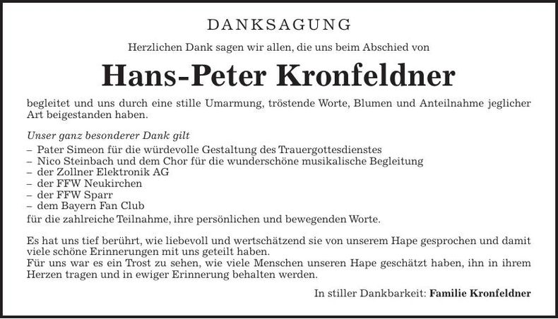 Traueranzeige Hans-Peter Kronfeldner