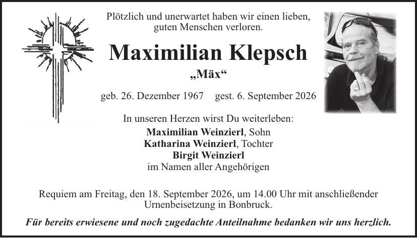 Traueranzeige Maximilian Klepsch