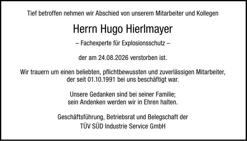 Traueranzeige Hugo Hierlmayer