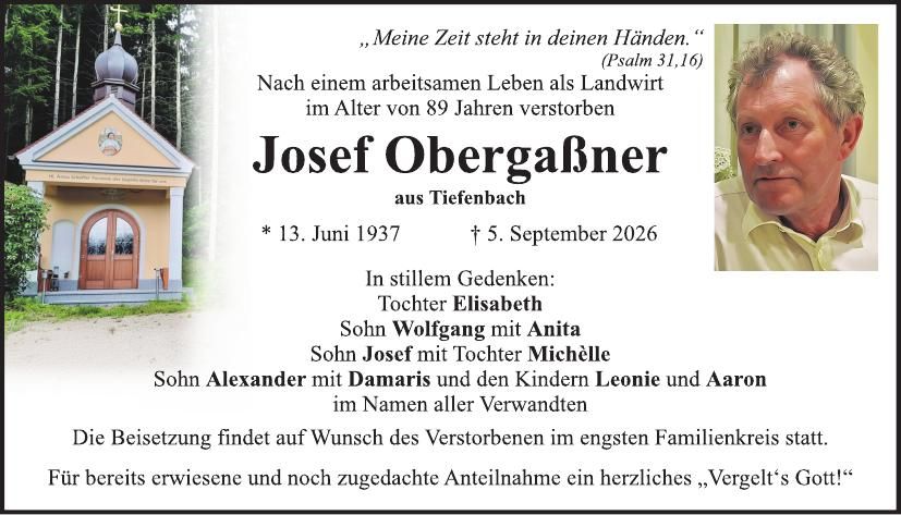 Traueranzeige Josef Obergaßner
