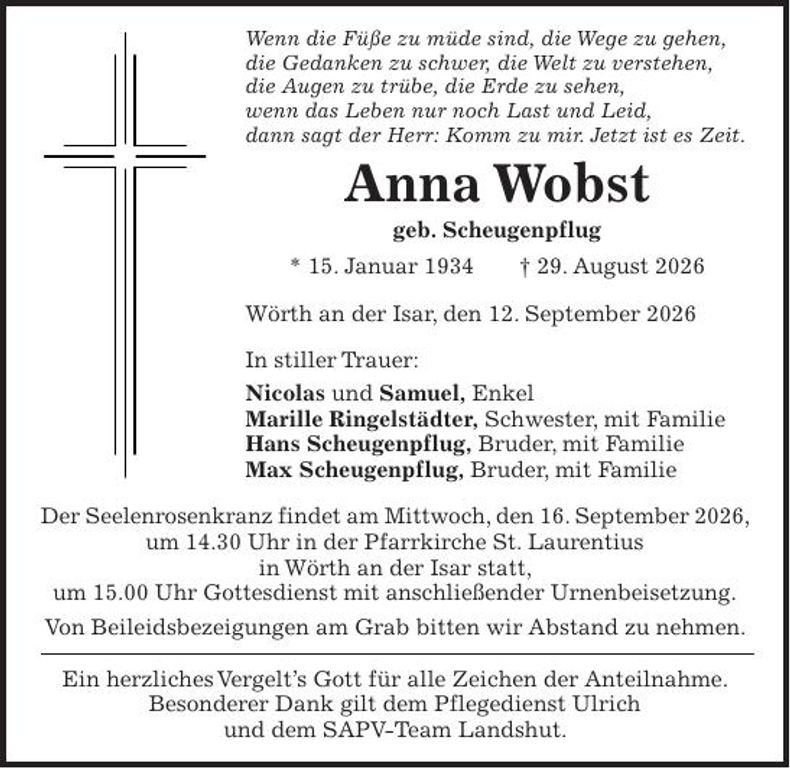 Traueranzeige Anna Wobst
