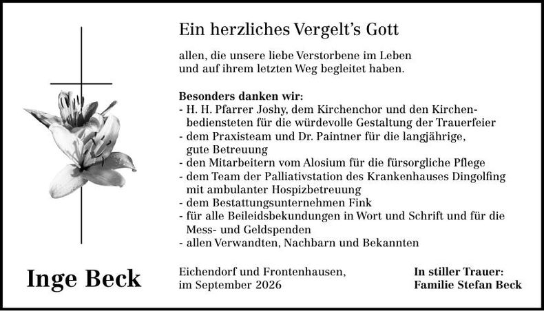 Traueranzeige Inge Beck