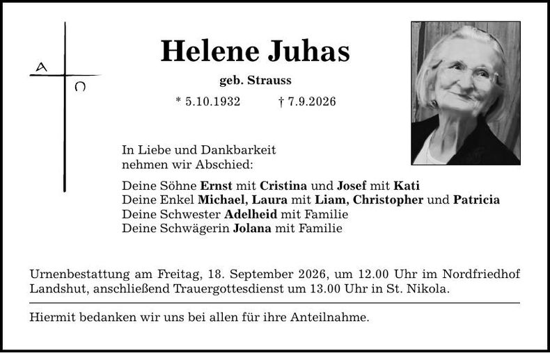 Traueranzeige Helene Juhas