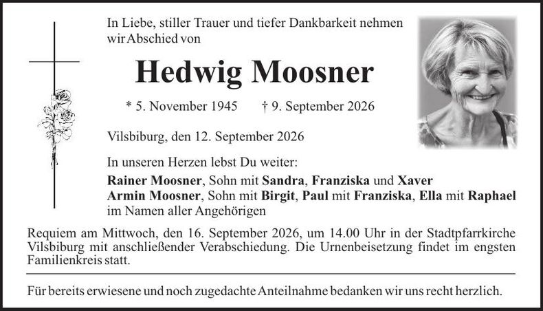Traueranzeige Hedwig Moosner