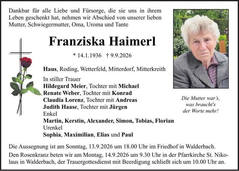 Traueranzeige Franziska Haimerl