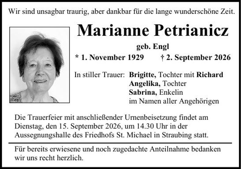 Traueranzeige Marianne Petrianicz