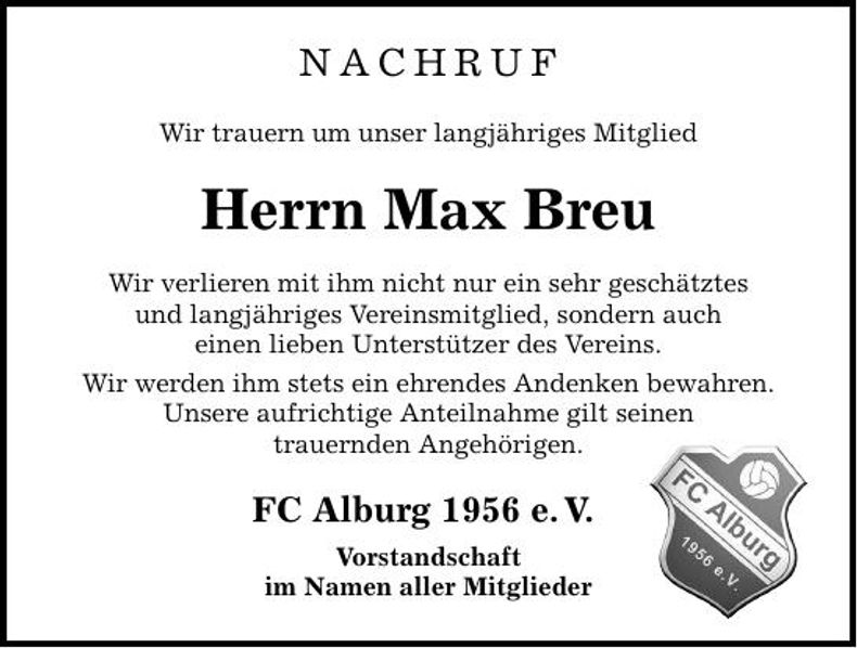 Traueranzeige Max Breu