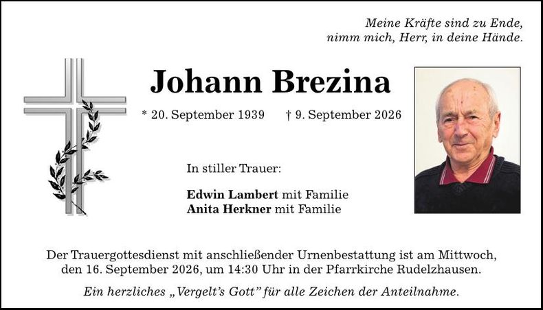 Traueranzeige Johann Brezina