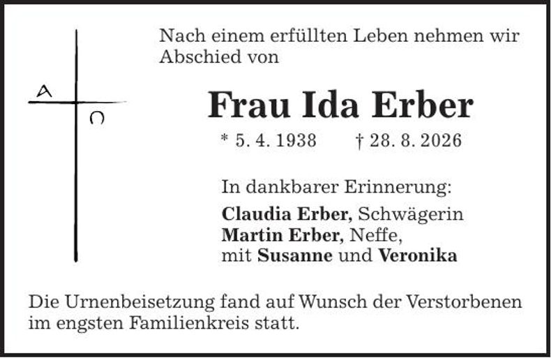 Traueranzeige Ida Erber