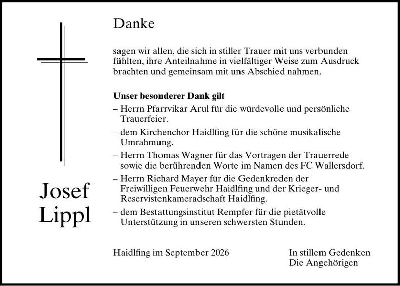 Traueranzeige Josef  Lippl