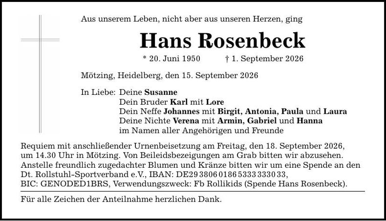Traueranzeige Hans Rosenbeck