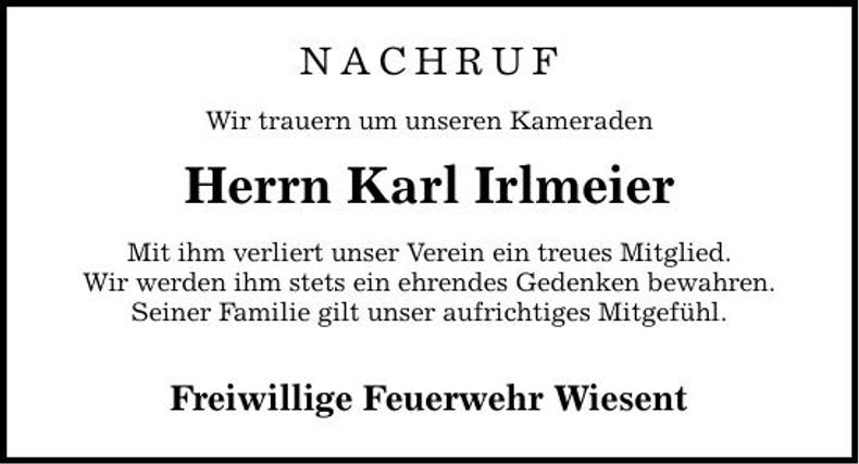 Traueranzeige Karl Irlmeier