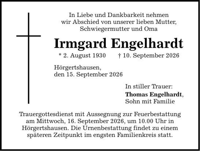 Traueranzeige Irmgard Engelhardt