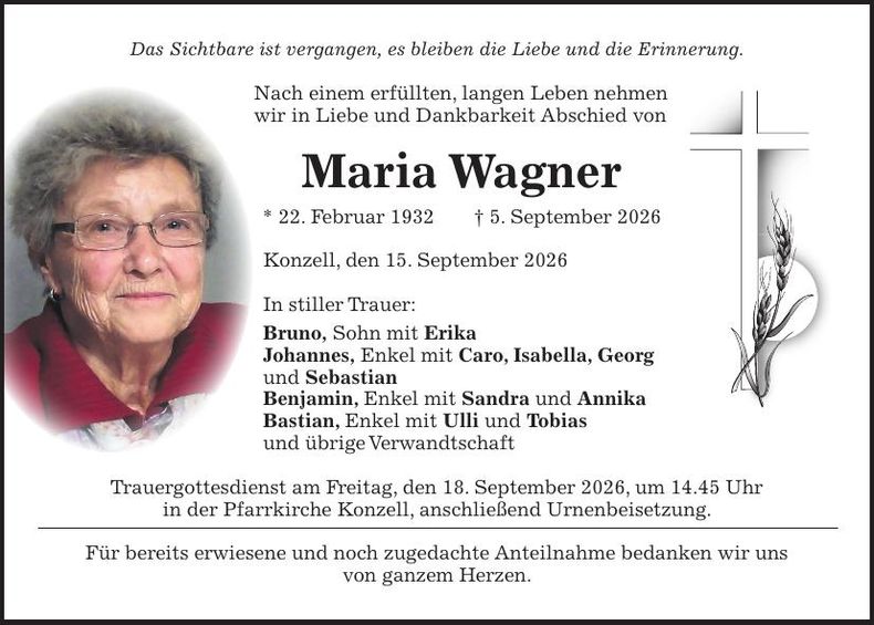 Traueranzeige Maria Wagner
