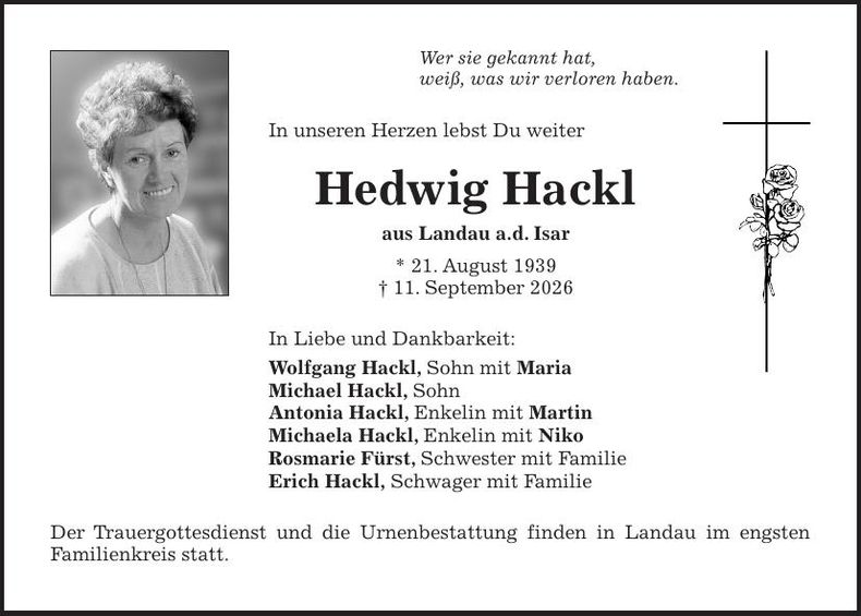Traueranzeige Hedwig Hackl