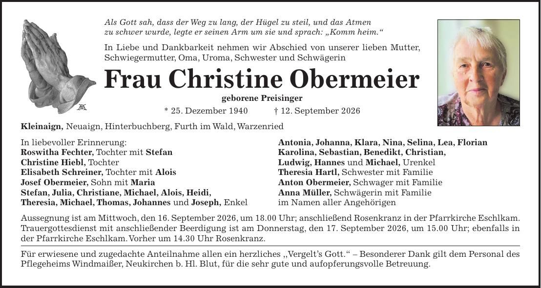 Traueranzeige Christine Obermeier