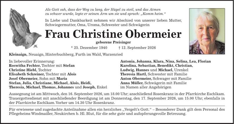 Traueranzeige Christine Obermeier