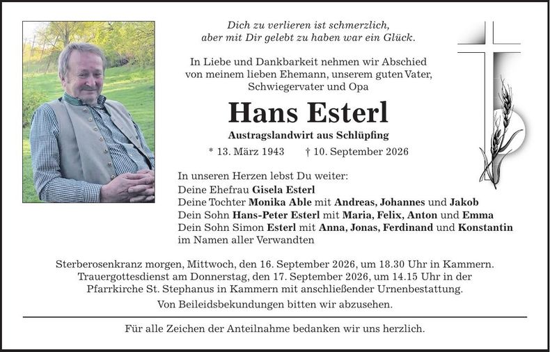 Traueranzeige Hans Esterl