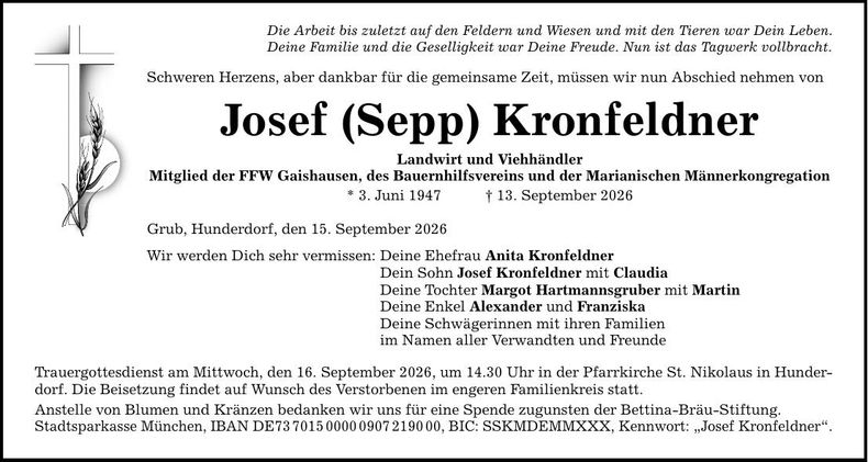 Traueranzeige Josef Kronfeldner
