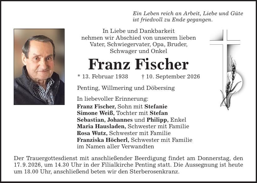 Traueranzeige Franz Fischer