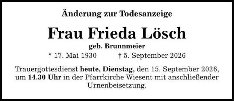 Traueranzeige Frieda Lösch