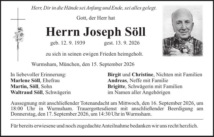 Traueranzeige Joseph Söll