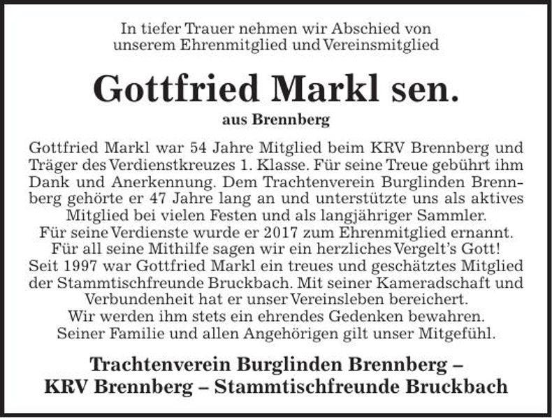 Traueranzeige Gottfried Markl