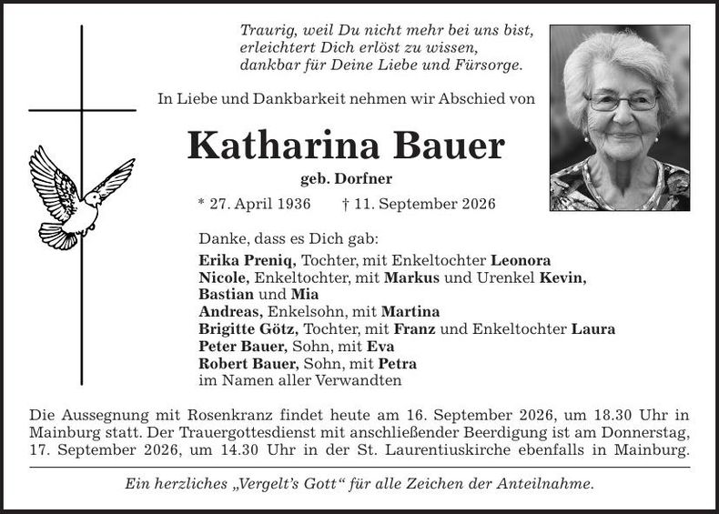 Traueranzeige Katharina Bauer