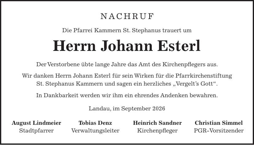 Traueranzeige Johann Esterl