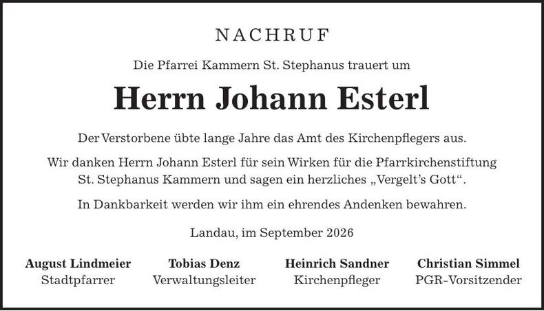 Traueranzeige Johann Esterl