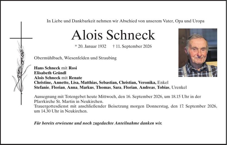 Traueranzeige Alois Schneck