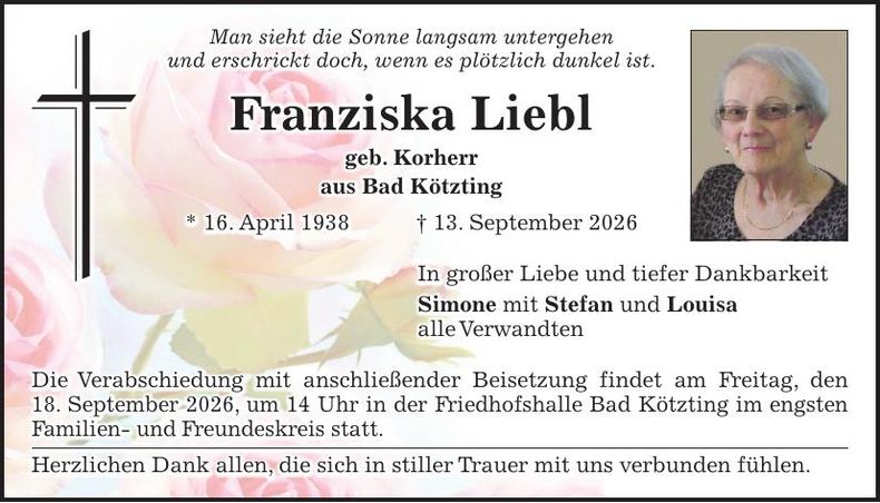 Traueranzeige Franziska Liebl