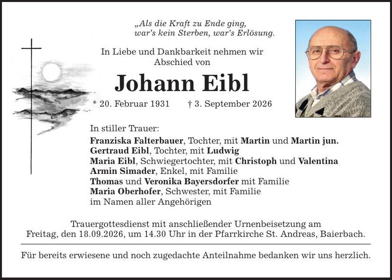 Traueranzeige Johann Eibl