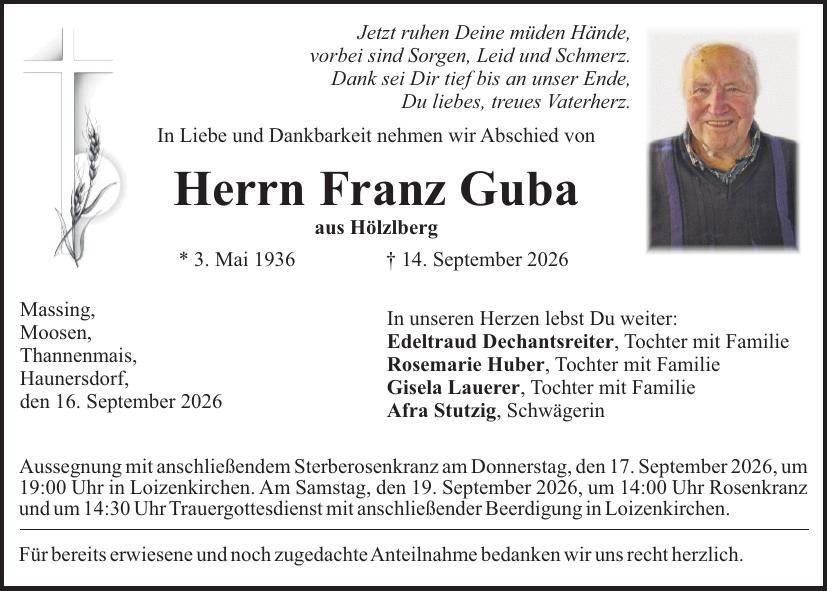 Traueranzeige Franz Guba
