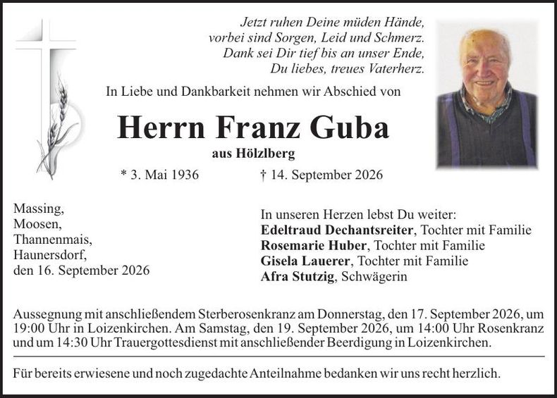Traueranzeige Franz Guba